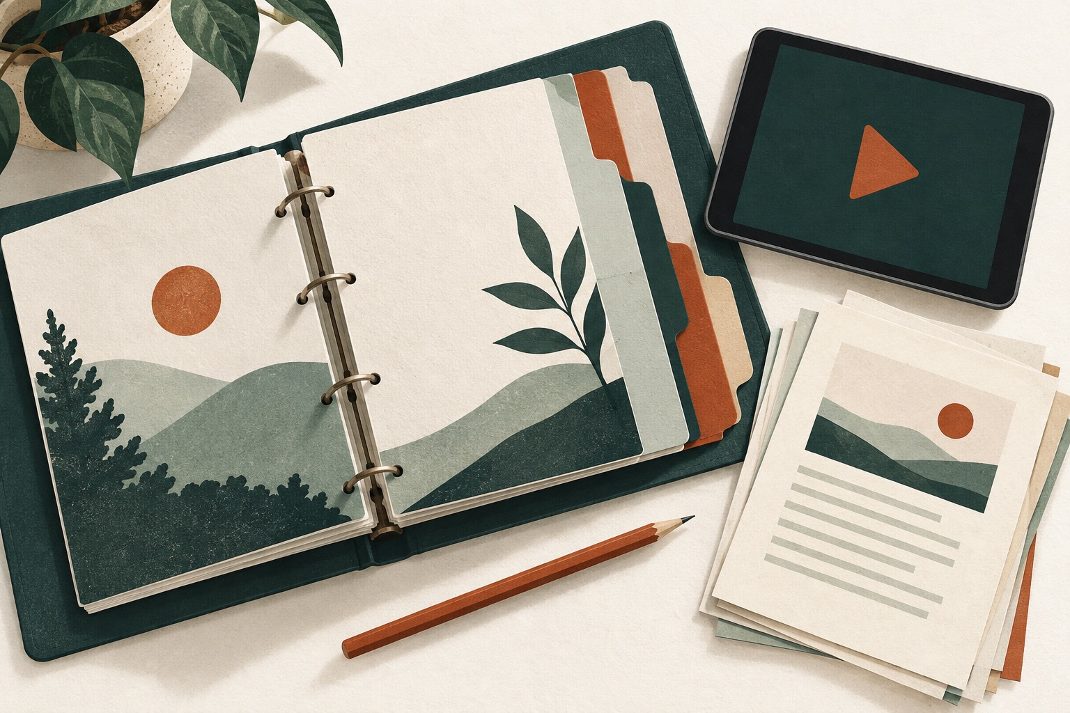 Illustration of a chaptered lesson binder, reading materials and a video tablet.