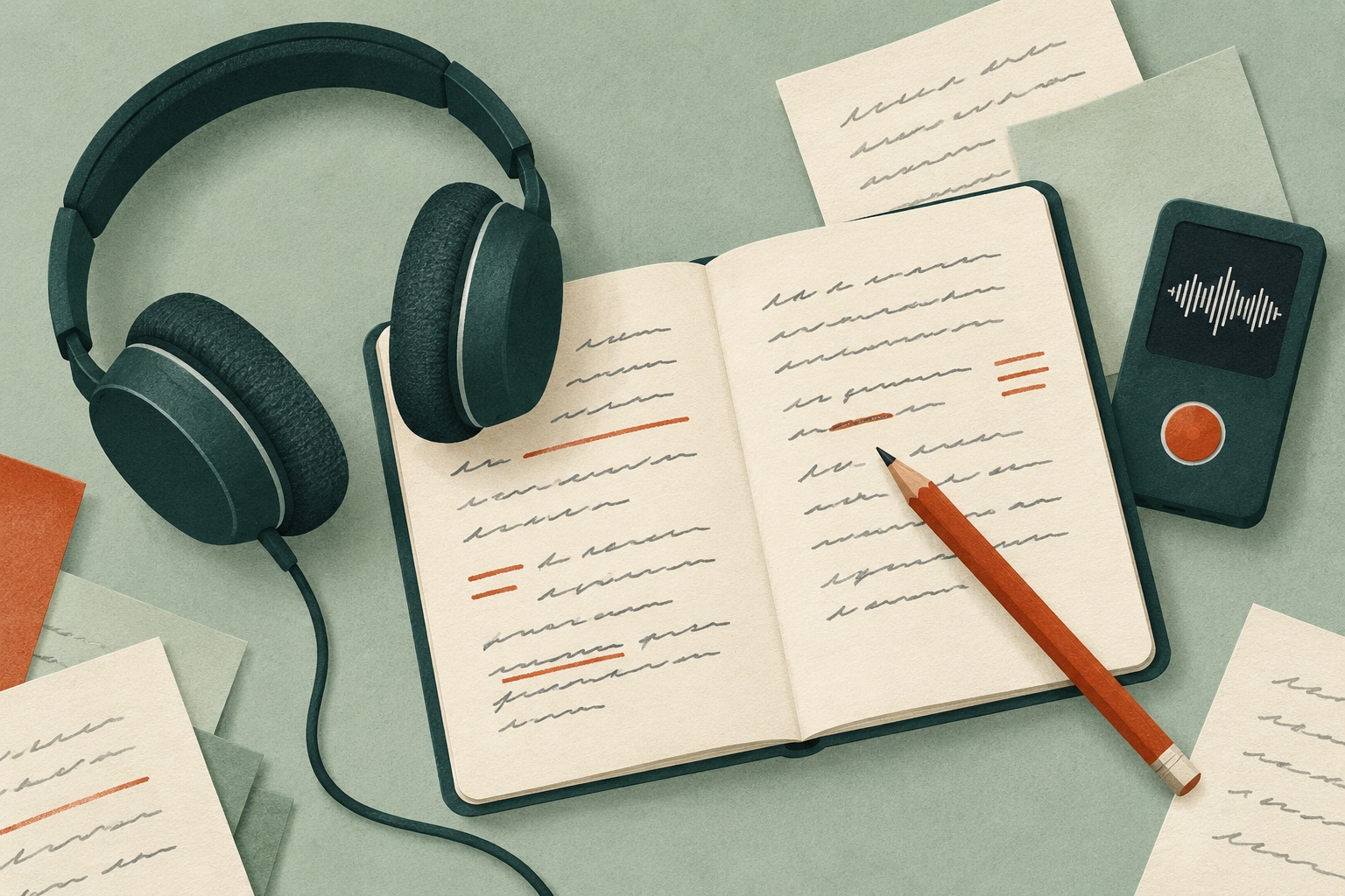 Illustration of headphones, an audio recording and a notebook annotated with feedback.